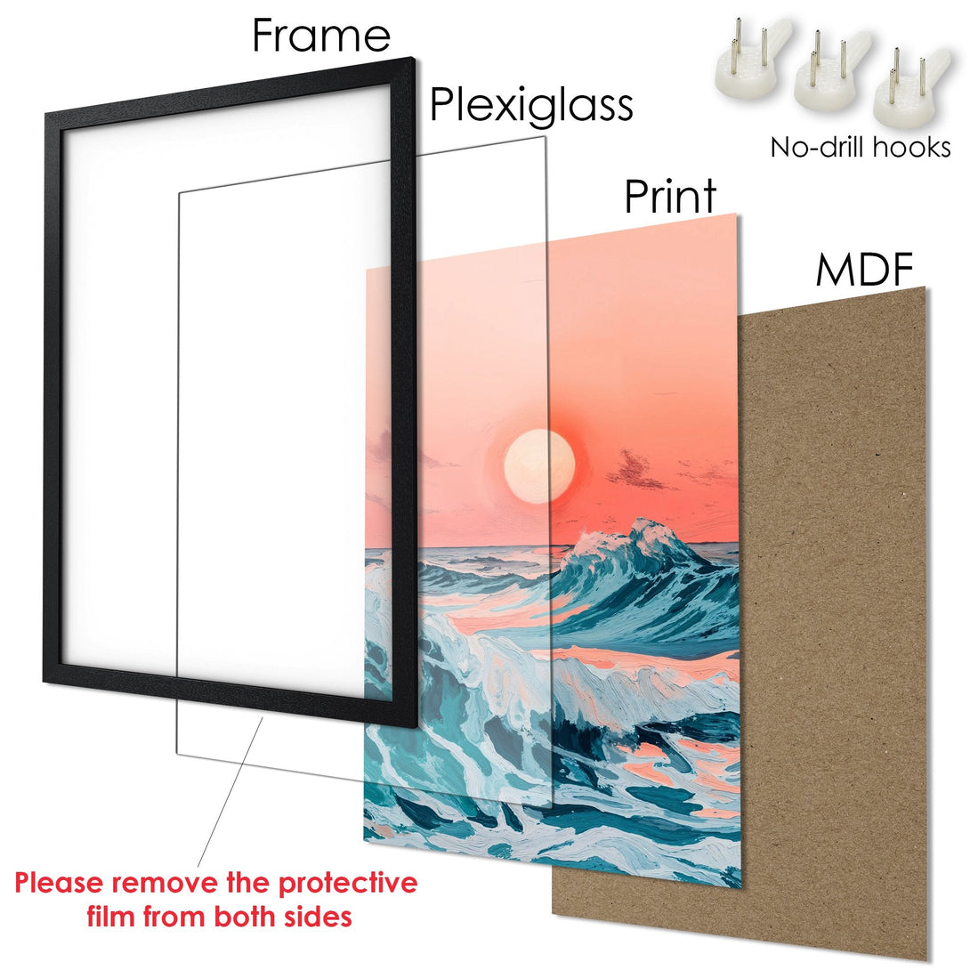 Framed Poster of a sunset over ocean waves, art print in teal, coral, and white. Ready to hang!