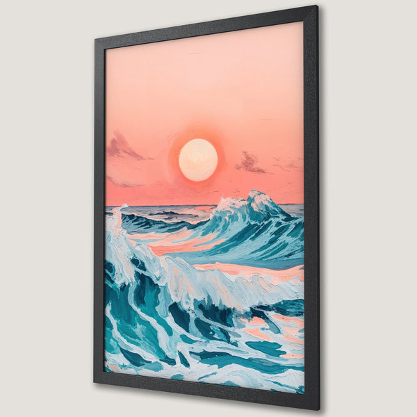 Framed Poster featuring an ocean wave painting in a textured style with a coral and teal color palette. Perfect wall art!