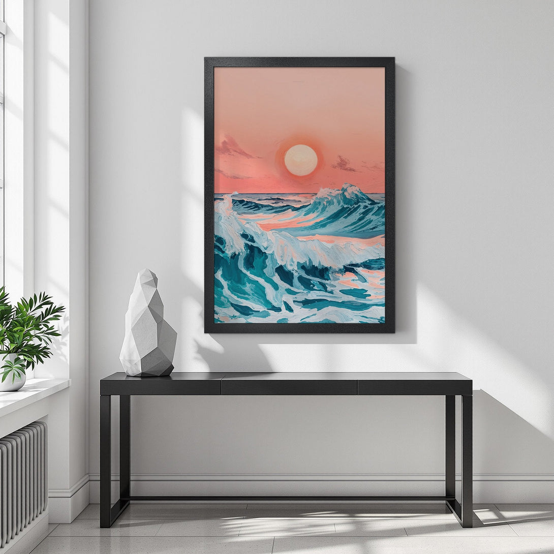 Framed Poster featuring a vibrant ocean sunset. Artistic style with teal, coral, and white color palette. Perfect wall art for your home!