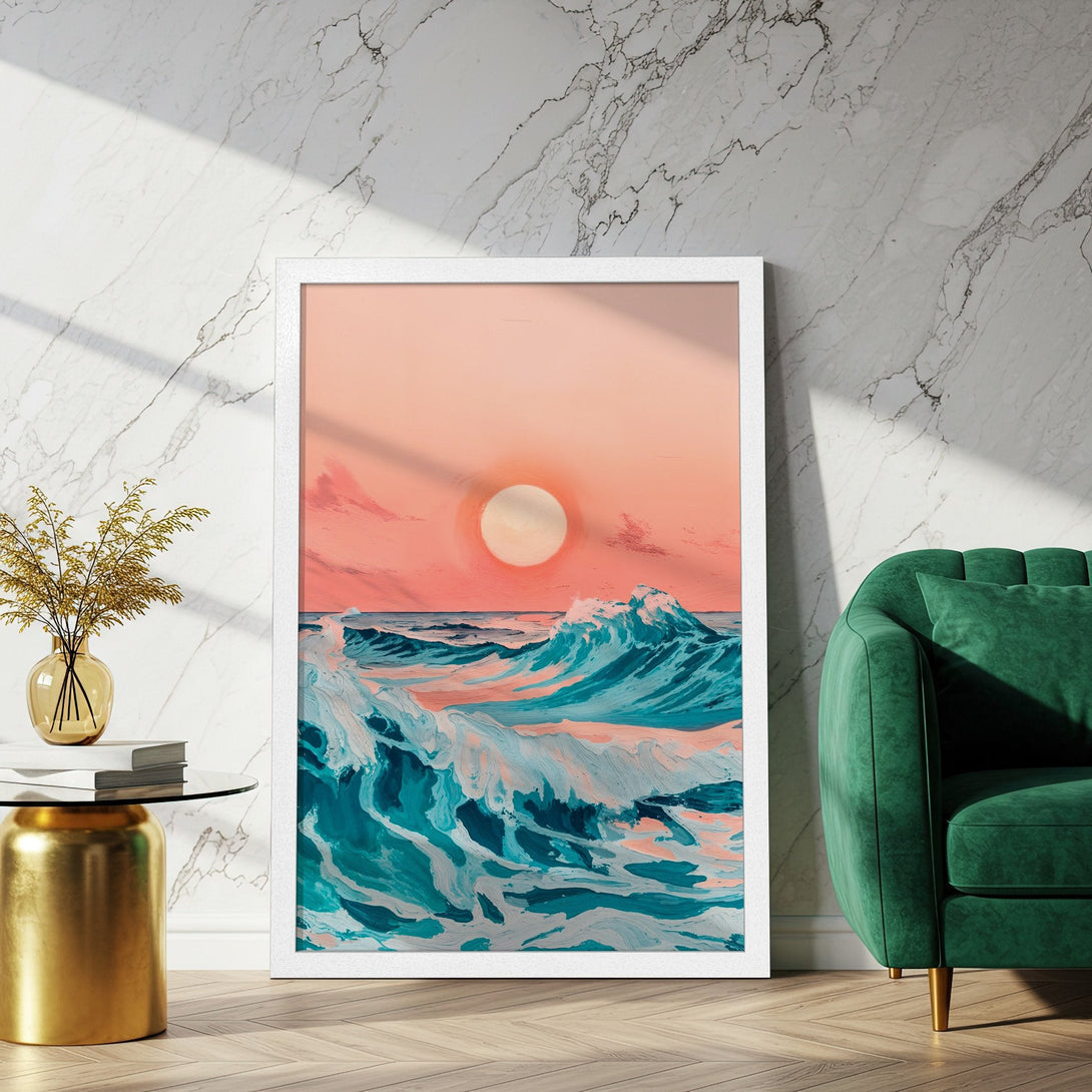 Framed Poster featuring an ocean wave painting in teal and coral hues, perfect for adding coastal vibes to your home decor.