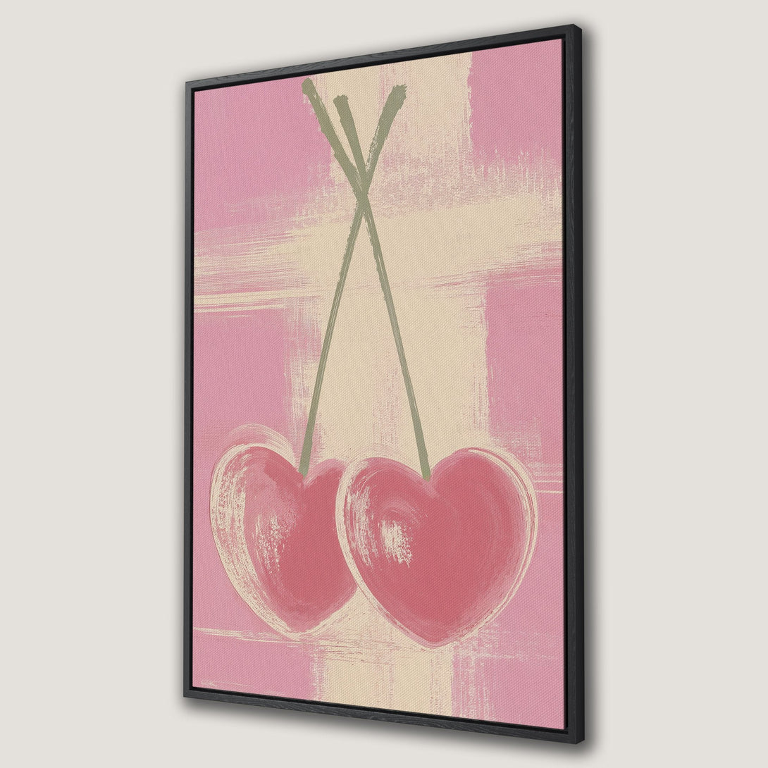 Framed Wall Art featuring a whimsical cherry heart design in a pink and beige color palette. Modern art perfect for adding a pop of color to any space.