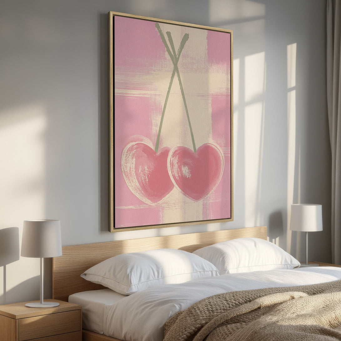 Framed Wall Art: Abstract heart-shaped cherries in pink and cream tones. Modern art Canvas Print adds a pop of color to any bedroom decor.