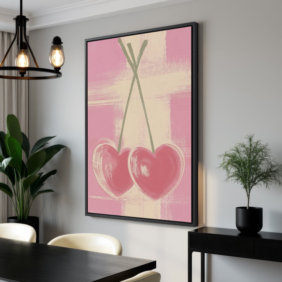 Framed Wall Art: Abstract heart-shaped cherries in pink and cream hues. Modern art canvas print adds a pop of color to any interior. Shop now!
