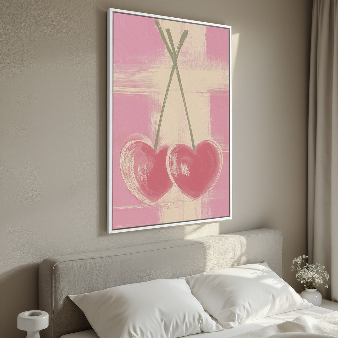 Framed Wall Art: Abstract pink heart canvas print. Modern art for bedroom decor. Soft pink and beige color palette. Add a touch of love to your space!