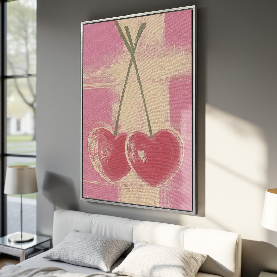 Framed Wall Art: Abstract heart canvas print in pink and beige, perfect for bedroom decor. Modern art with a pop of color!