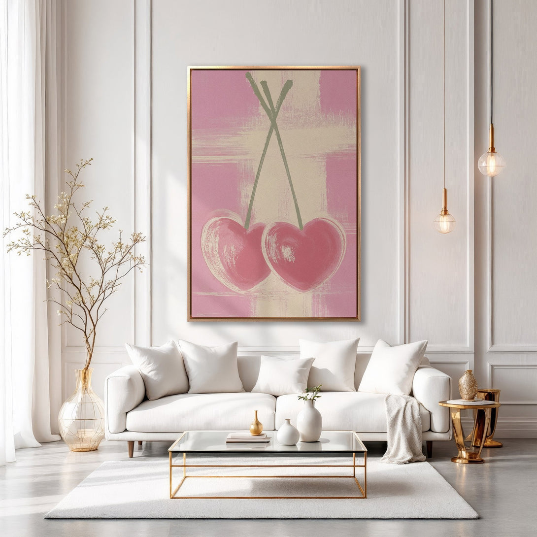 Framed Wall Art: Abstract heart painting in pink and beige, displayed in a modern living room. Perfect for adding a touch of romance and style.