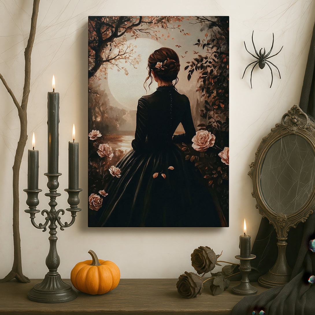 Framed Wall Art: Victorian woman in black dress, romantic style, neutral color palette with hints of pink. Perfect for elegant home decor.