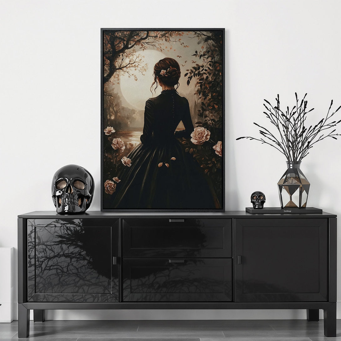 Framed Wall Art: Victorian woman in a dark dress, serene landscape with roses, neutral color palette. Perfect for adding a touch of elegance to your space.