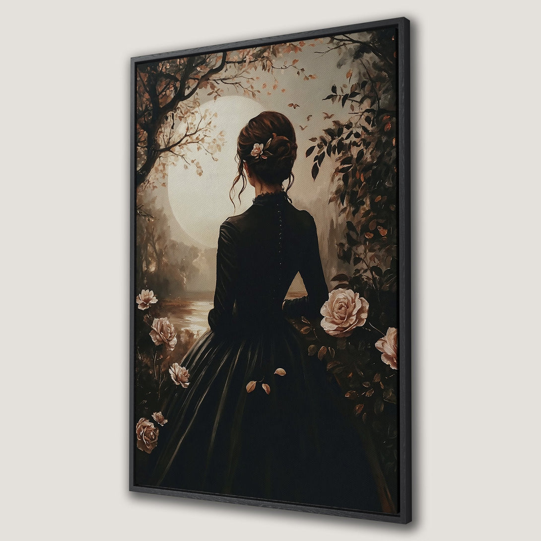 Framed Wall Art: Elegant woman in black dress, romantic style, warm neutral color palette. Perfect for adding a touch of vintage charm to your home!