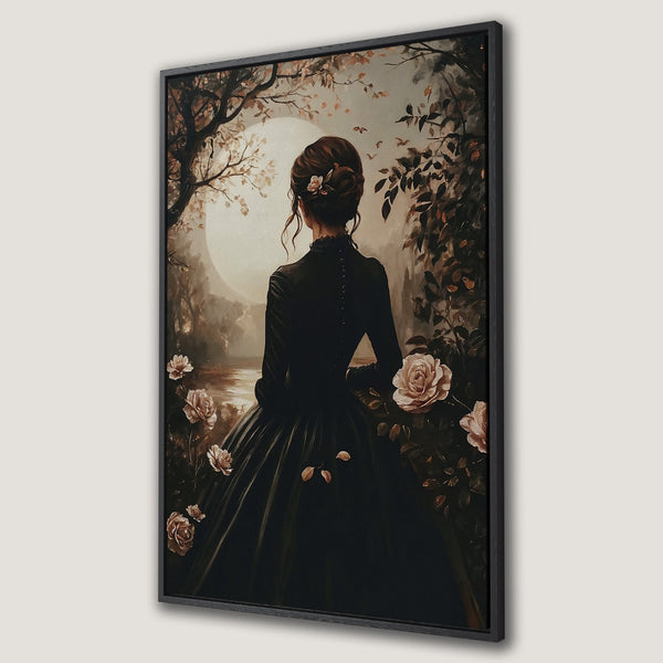 Framed Wall Art: Elegant woman in black dress, romantic style, warm neutral color palette. Perfect for adding a touch of vintage charm to your home!