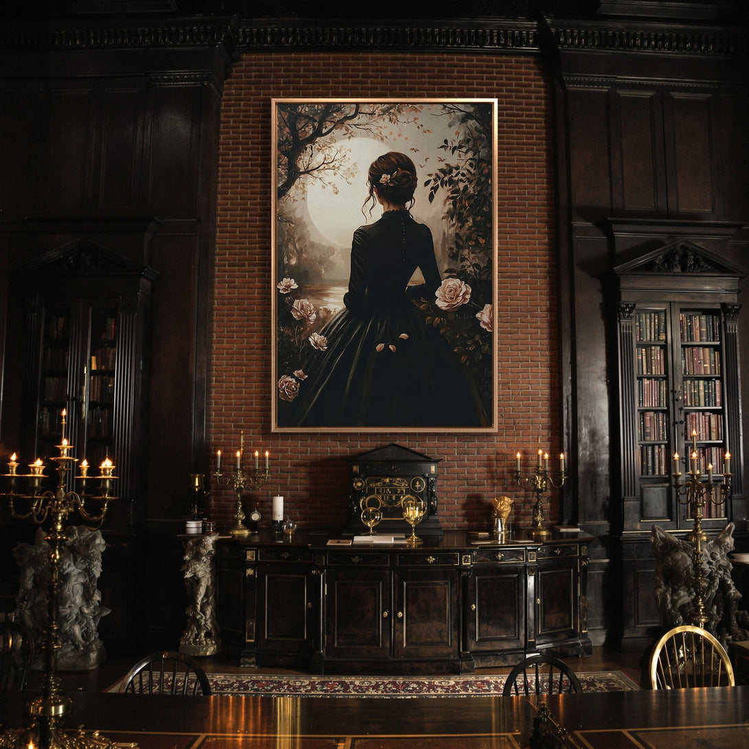 Framed Wall Art: Victorian woman in black dress, romantic style, neutral & sepia tones. Perfect for elegant living room decor.