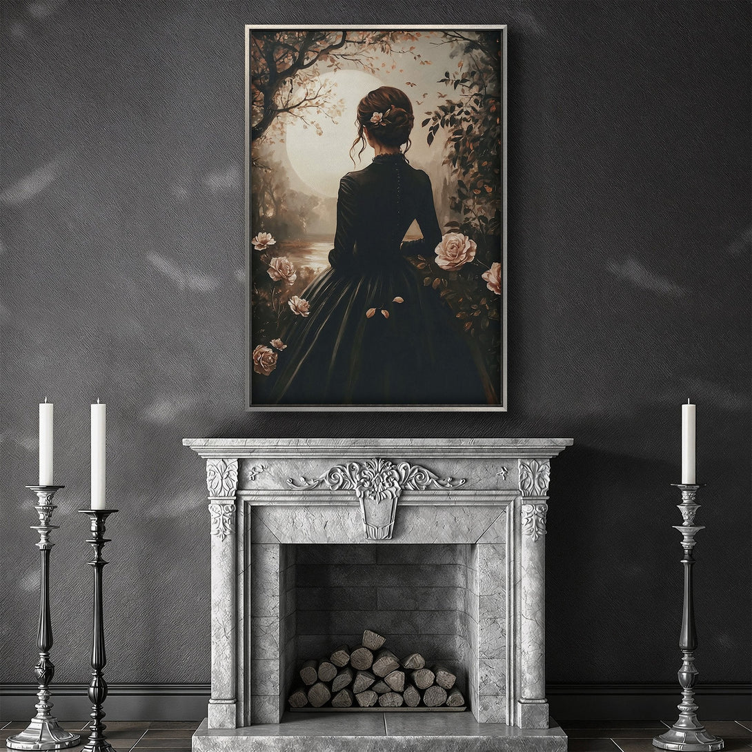 Framed Wall Art featuring a woman in a black dress, romantic style, neutral color palette. Perfect for adding a touch of elegance to your space.