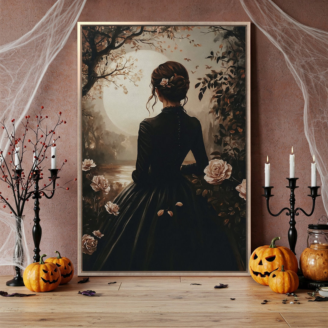 Framed Wall Art: Victorian woman in black dress, moody sepia tones. Perfect for Halloween decor or gothic home style. Canvas Print available.
