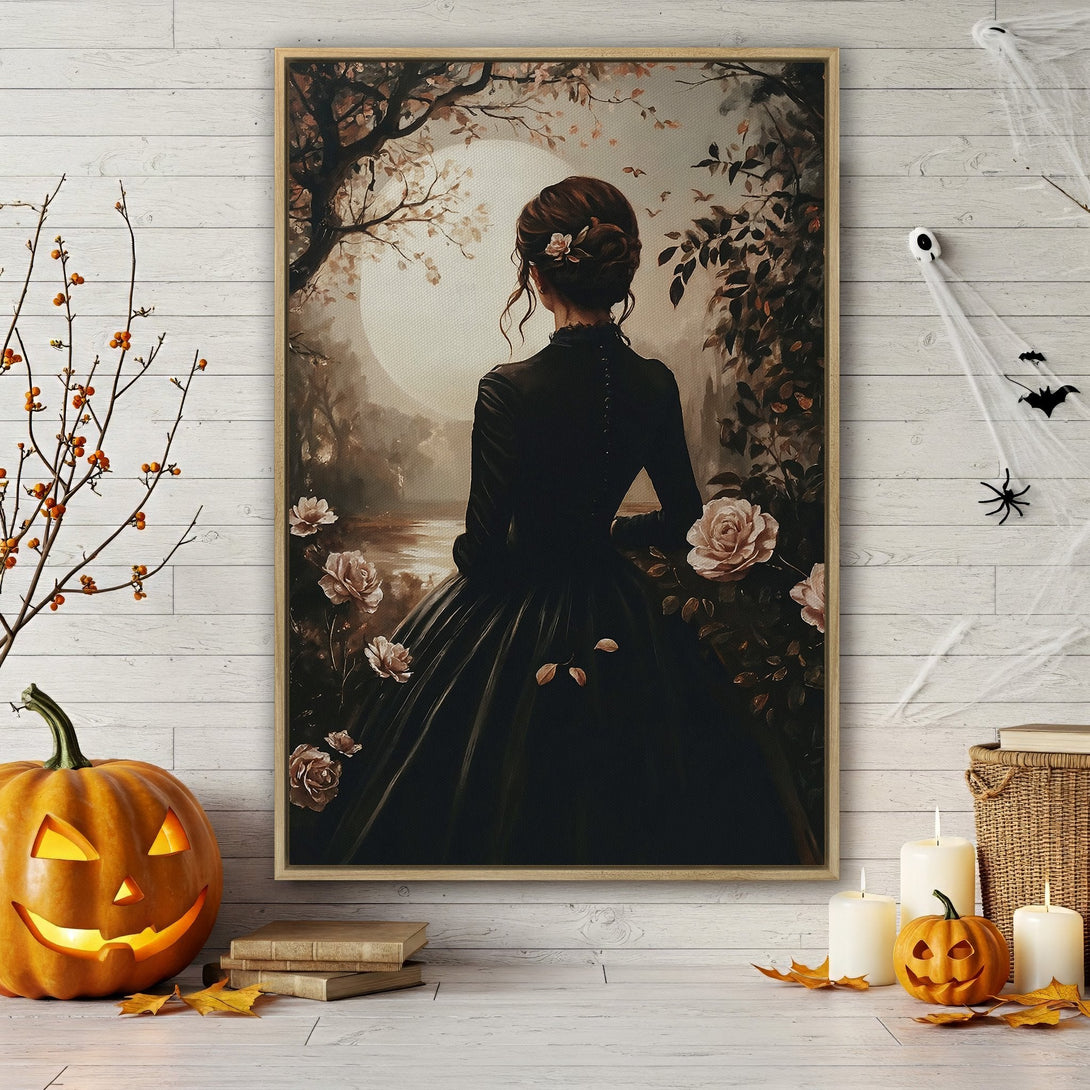 Framed Wall Art featuring a woman in a black dress, vintage style, with a muted sepia color palette. Perfect for adding a touch of elegance to your home!