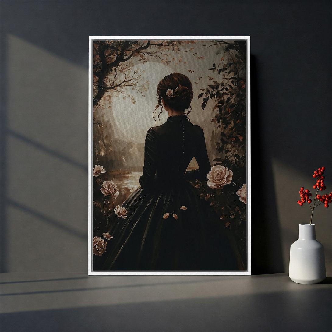 Framed Wall Art featuring a woman in a black dress, romantic style, neutral color palette. Perfect for elegant home decor.