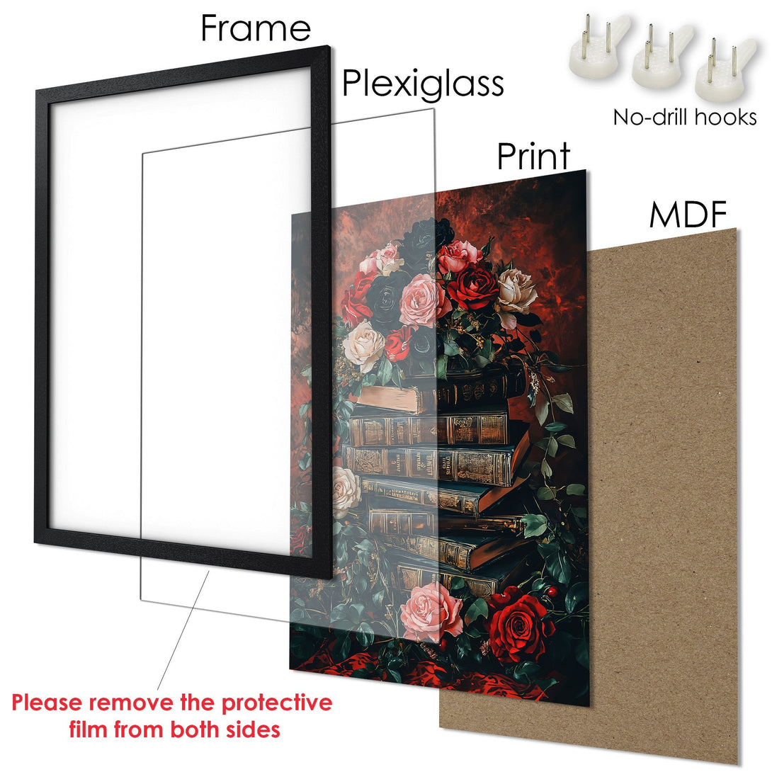 Framed Poster featuring a woman's portrait in a dramatic style with a black and gold color palette. Perfect wall art for your home!