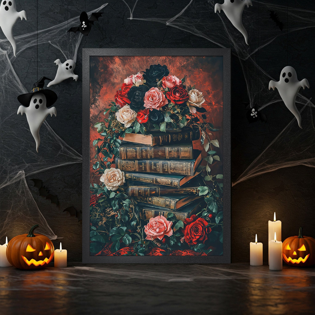 Framed Poster featuring an abstract portrait in dark tones with gold accents, perfect Halloween decor.