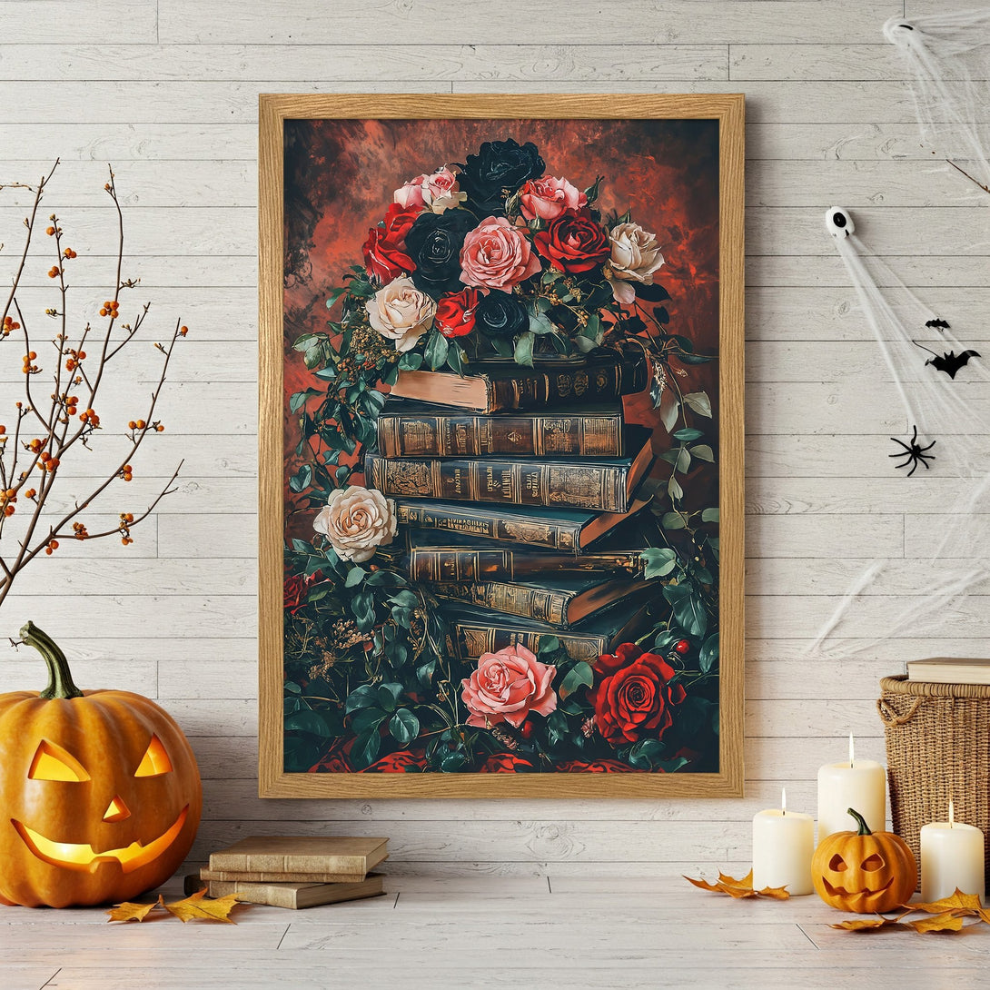 Framed Poster featuring a woman with fiery hair, dark & gold palette. Perfect Halloween decor!