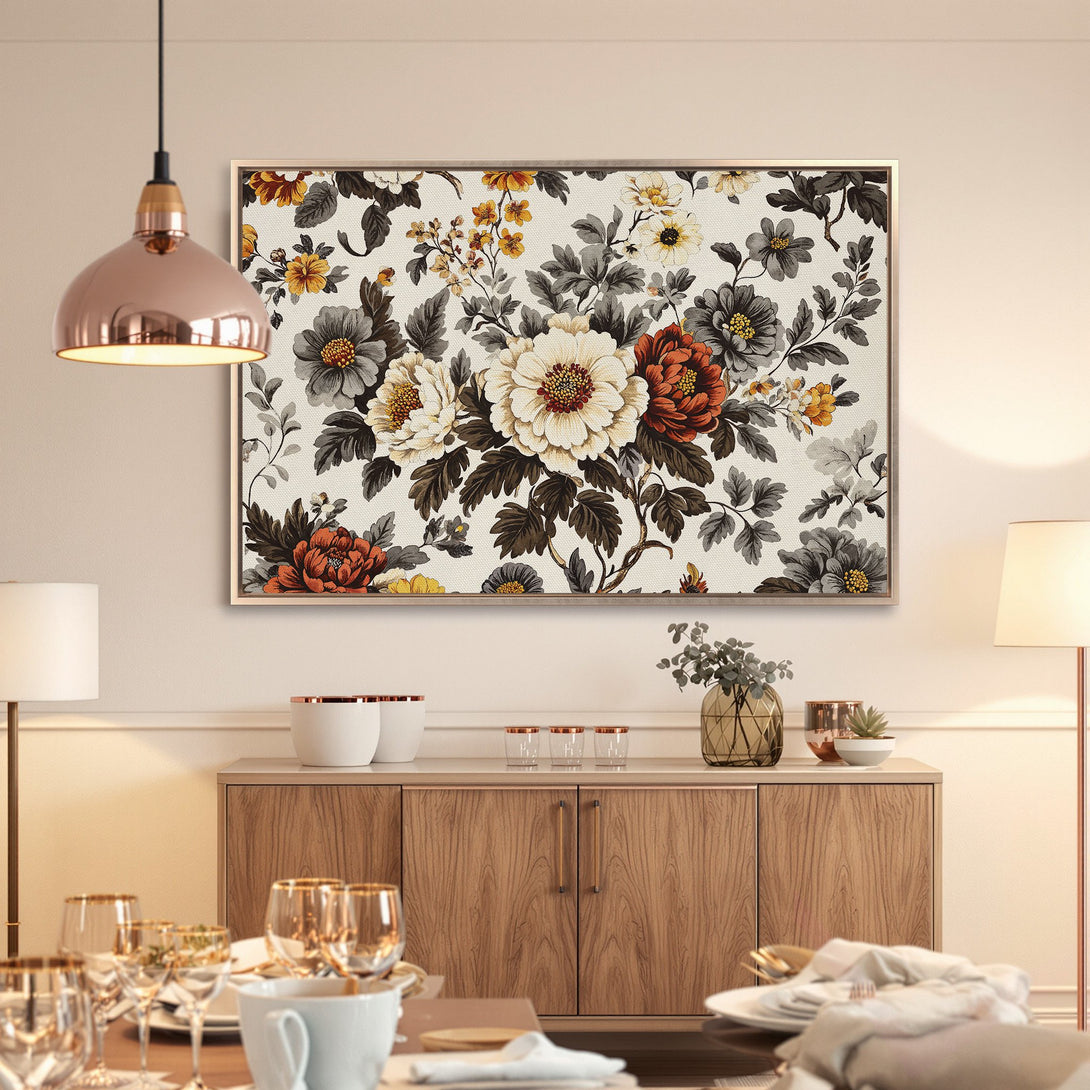Framed Wall Art: Elegant floral canvas print in warm tones, perfect for adding a touch of sophistication to any space.