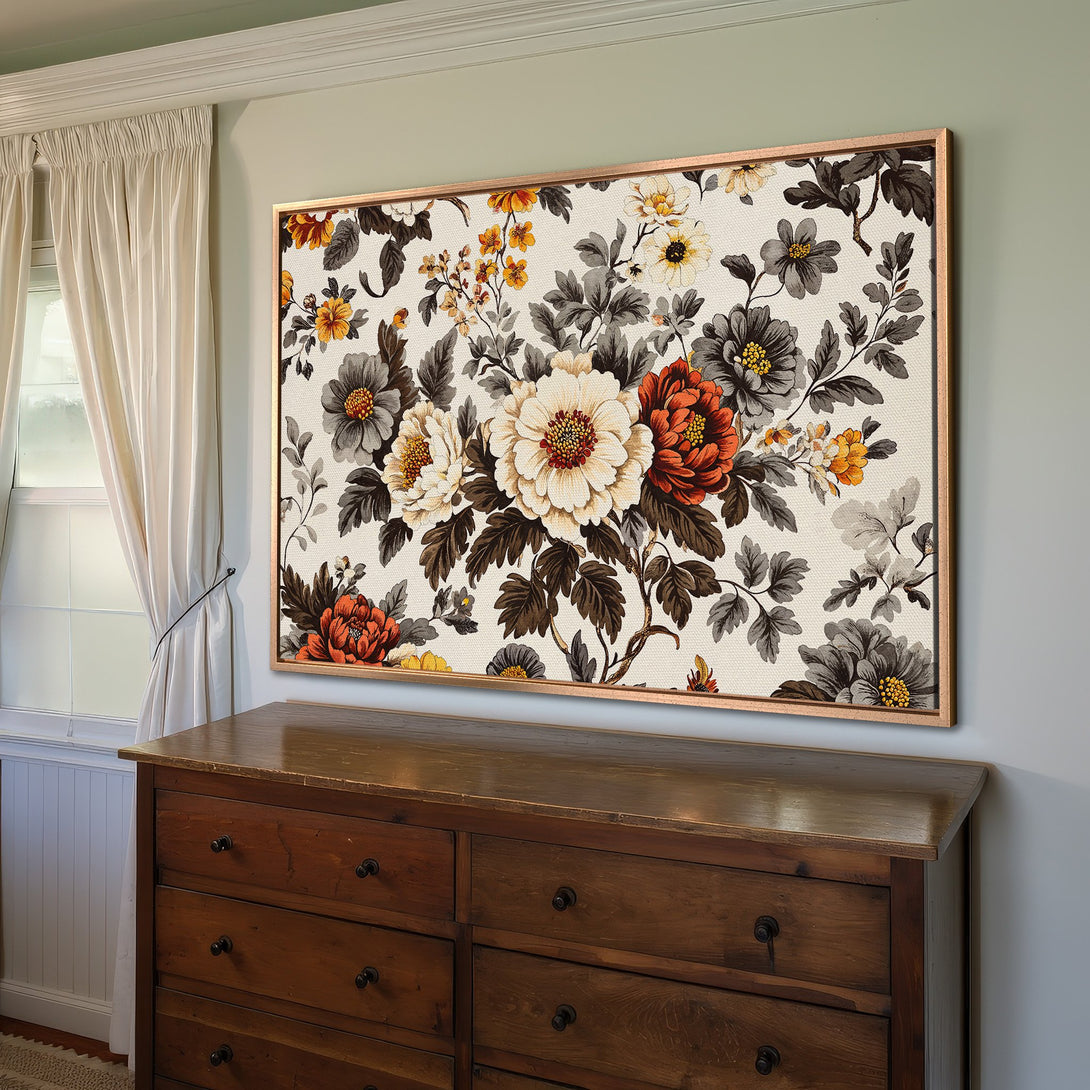 Framed Wall Art featuring a vintage floral design in warm orange, cream, and gray tones. Perfect for adding a touch of elegance to any room.