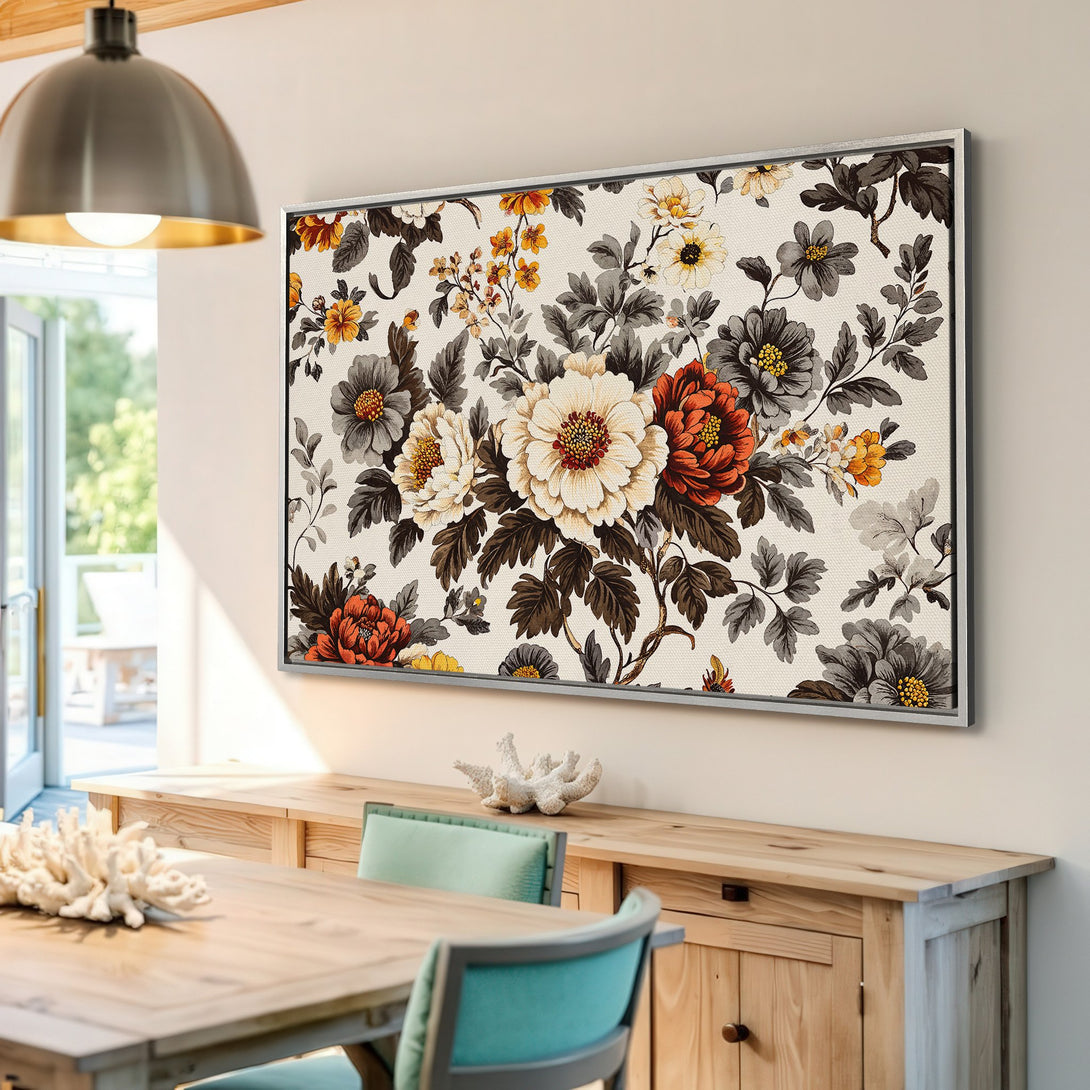 Framed Wall Art featuring a vintage floral design in warm tones of orange, cream, and gray. Perfect for adding a touch of elegance to your home decor.