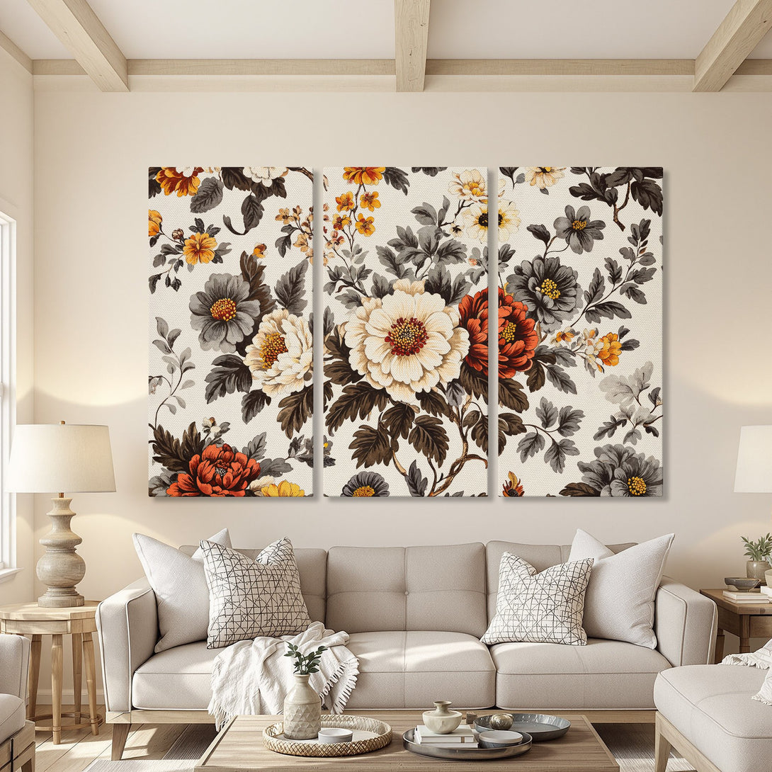 Canvas Print floral triptych. Elegant botanical art with warm tones of orange, cream, and gray. Perfect for adding a touch of nature to your home.