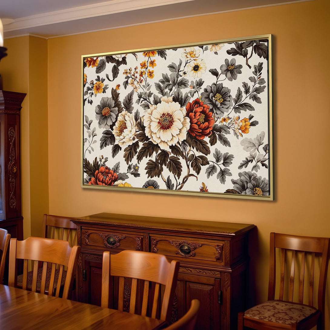 Canvas Print featuring a vintage floral design in a warm, neutral color palette, perfect for adding a touch of elegance to any living room.