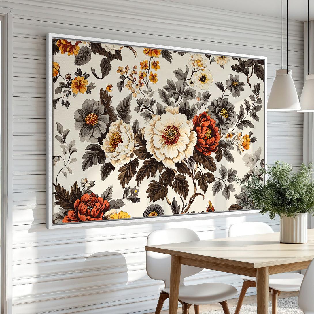 Framed Wall Art featuring a vintage floral design in warm orange, yellow, and gray tones. Perfect for adding a touch of elegance to any space.