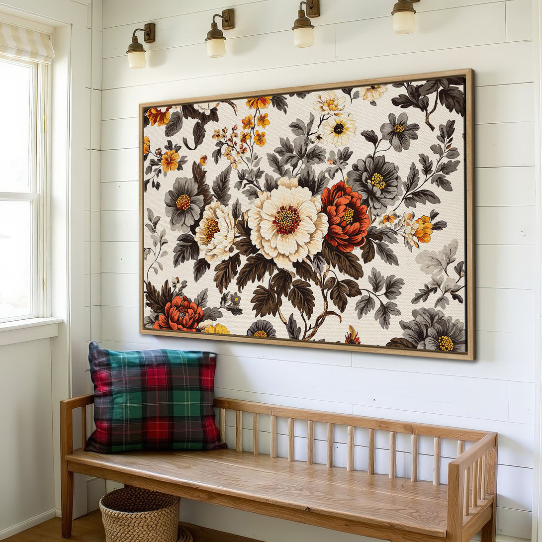 Framed Wall Art featuring a vintage floral print in warm orange, gray, and cream tones. Perfect for adding a touch of elegance to any space.