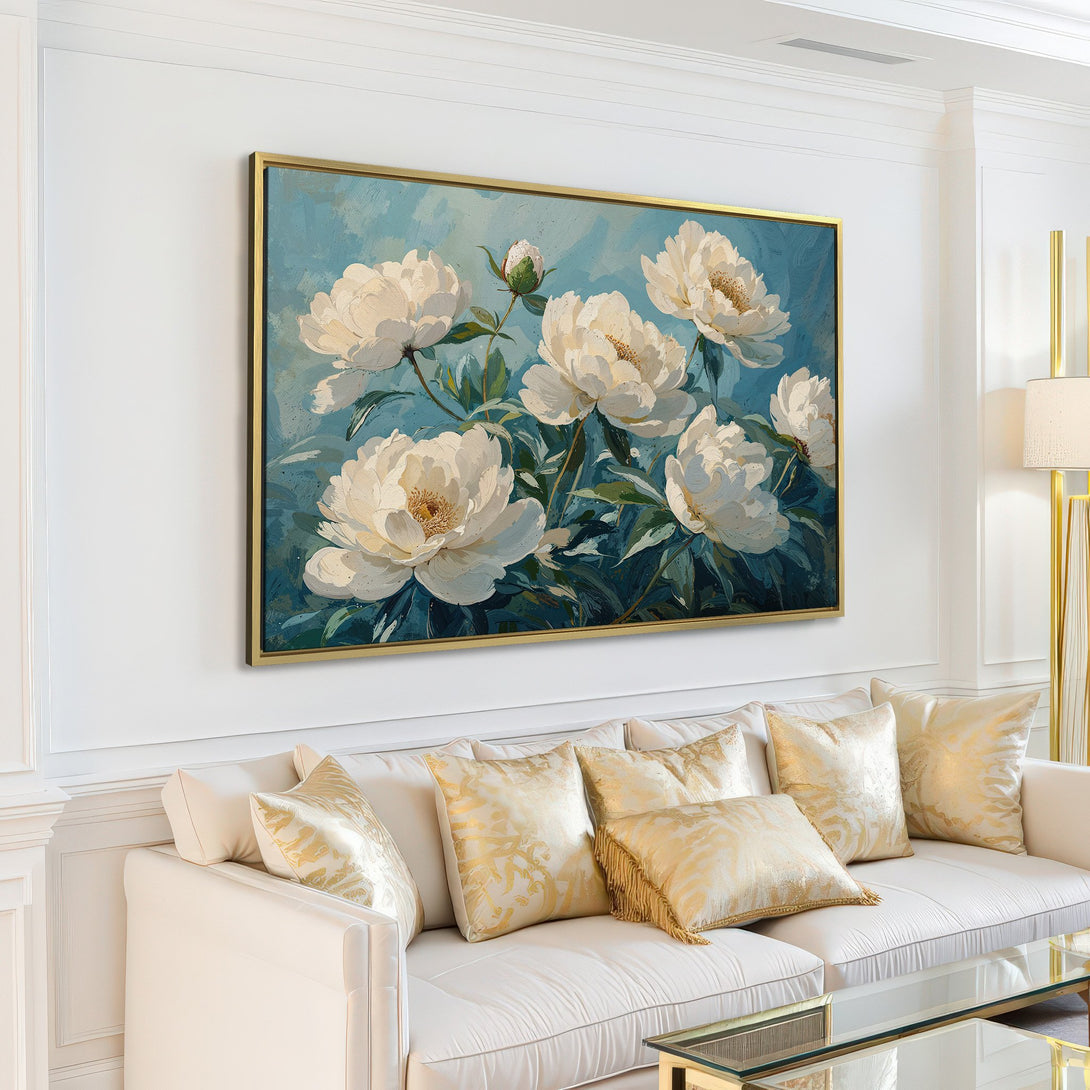 Canvas Print of white peony flowers in a modern living room. Soft, painterly style with a blue, white, and green color palette.