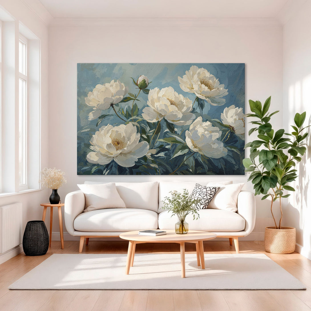 Framed Wall Art: Elegant floral painting of white peonies on a blue background. Adds a touch of luxury with its gold frame and serene color palette.