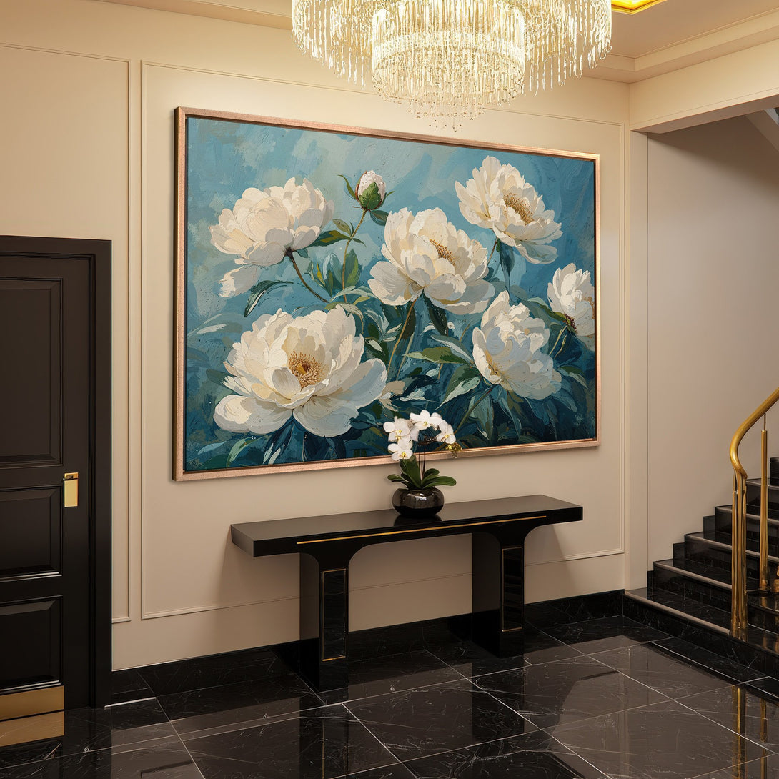 Framed Wall Art: Elegant floral Canvas Print with white peonies on a blue background. Adds a touch of luxury with its calming color palette.