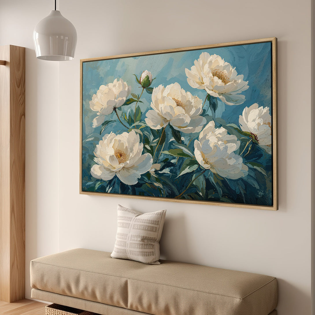 Framed Wall Art: Elegant white peony Canvas Print in a modern interior. Featuring a blue and green color palette, perfect for adding a touch of nature.