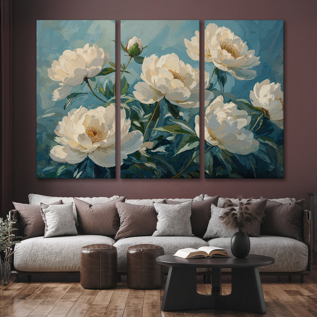 Canvas Print of elegant white peony flowers on a blue background. Modern floral artwork with a calming, neutral color palette.