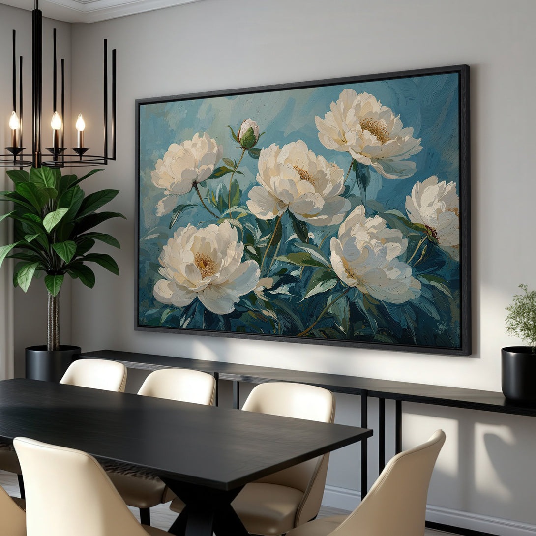 Framed Wall Art featuring elegant white peony flowers on a blue background. Perfect for modern home decor. Shop our Canvas Print collection today!