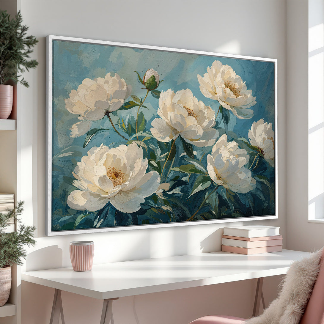 Framed Wall Art featuring white peonies on a teal background. Elegant floral art in a modern style, perfect for home decor.
