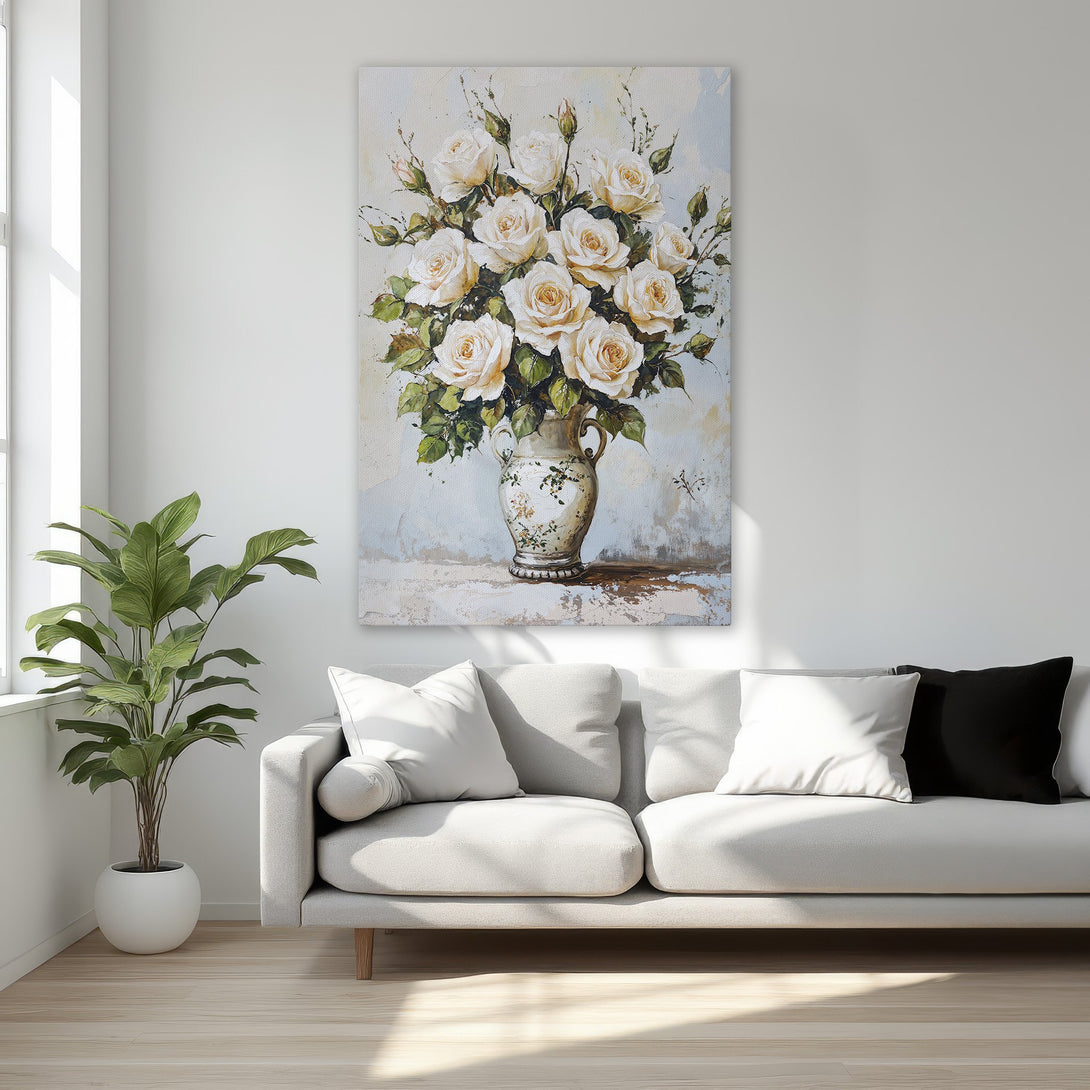 Framed Wall Art: Elegant floral canvas print featuring white roses in a vase, displayed in a luxurious bedroom with a neutral color palette.