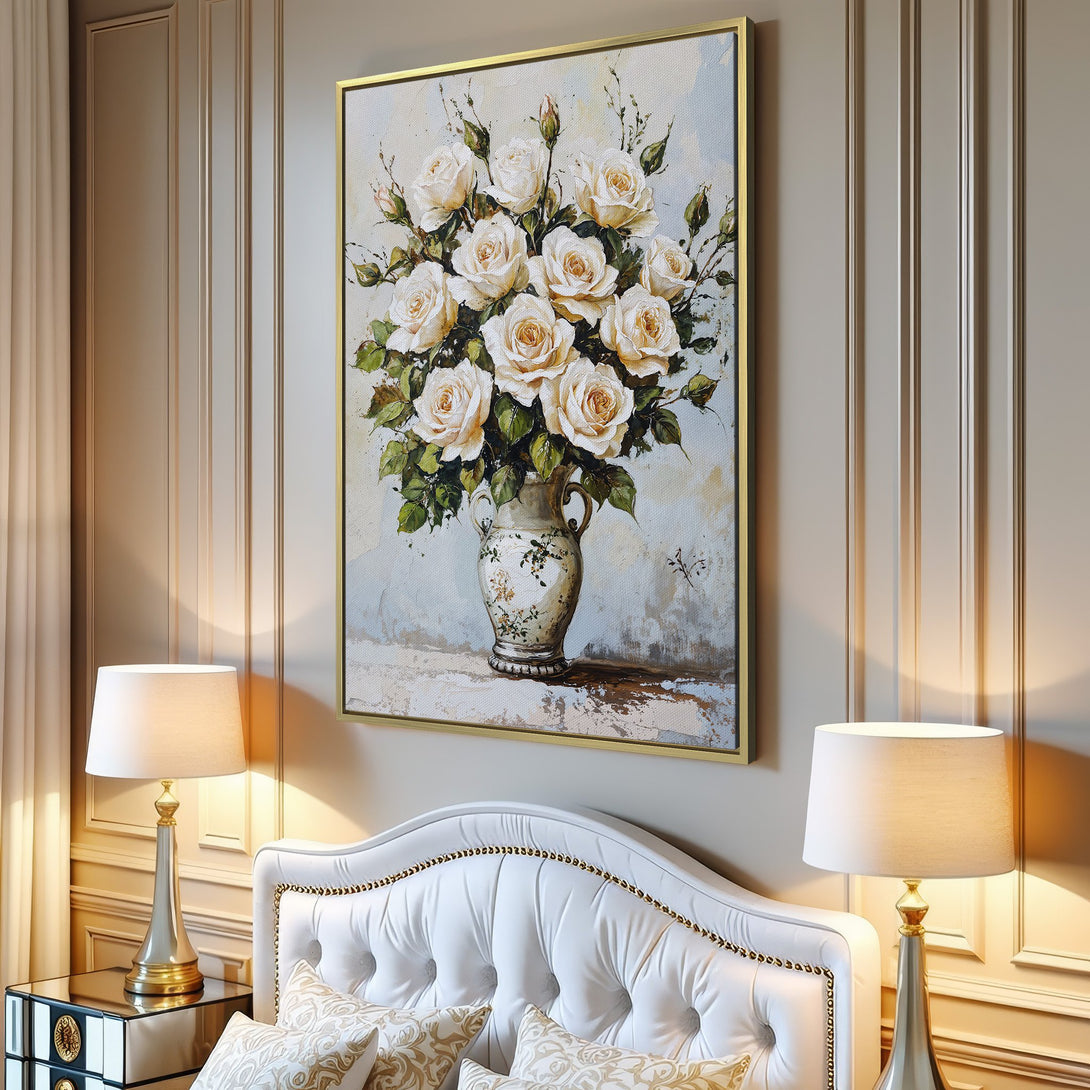 Canvas Print of white roses in a vase, displayed in a modern living room. Features a soft, neutral color palette, perfect for elegant home decor.