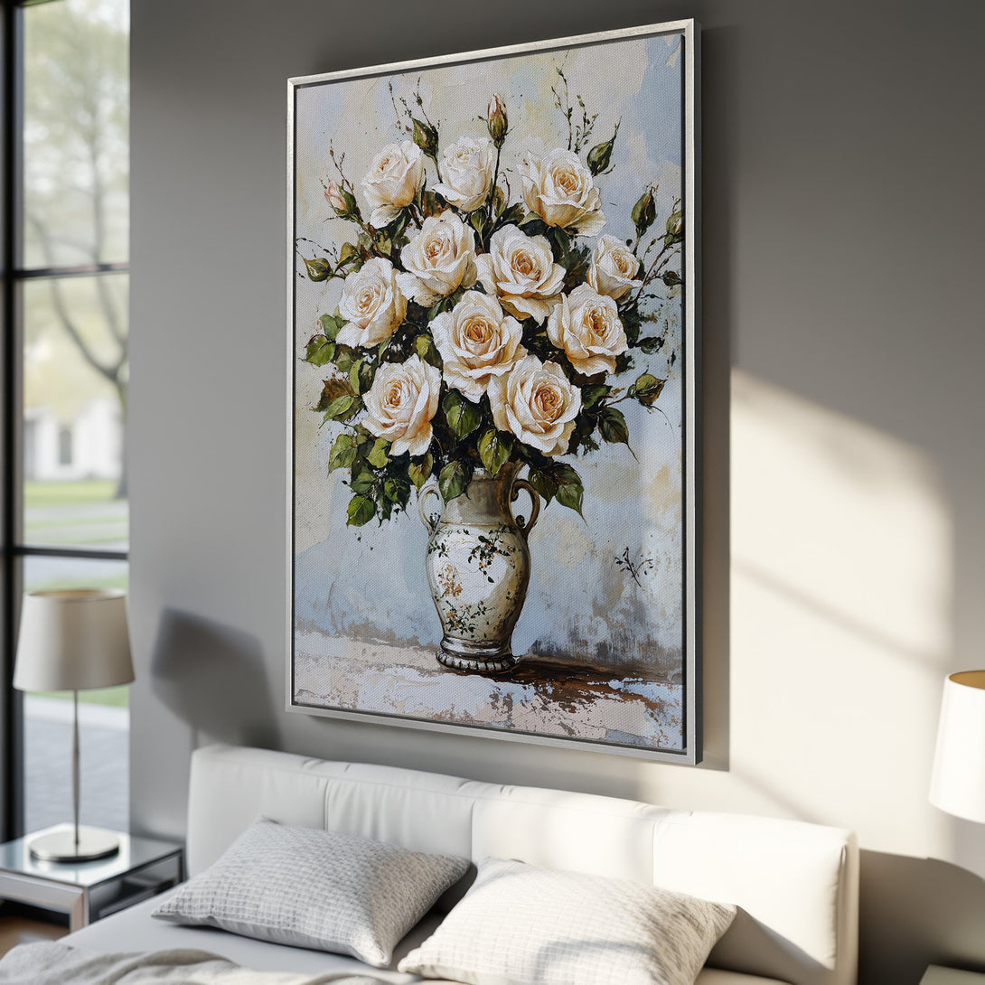 Framed Wall Art: Elegant floral painting of white roses in a vase. Soft, neutral color palette. Perfect for bedroom decor.