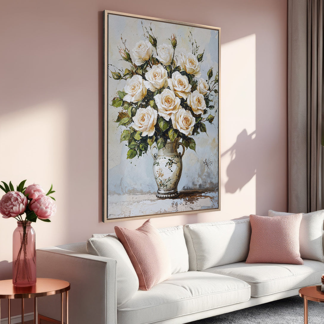 Framed Wall Art: Elegant floral canvas print featuring white roses in a vase. Soft, romantic style with a blush and neutral color palette. Perfect for home decor.