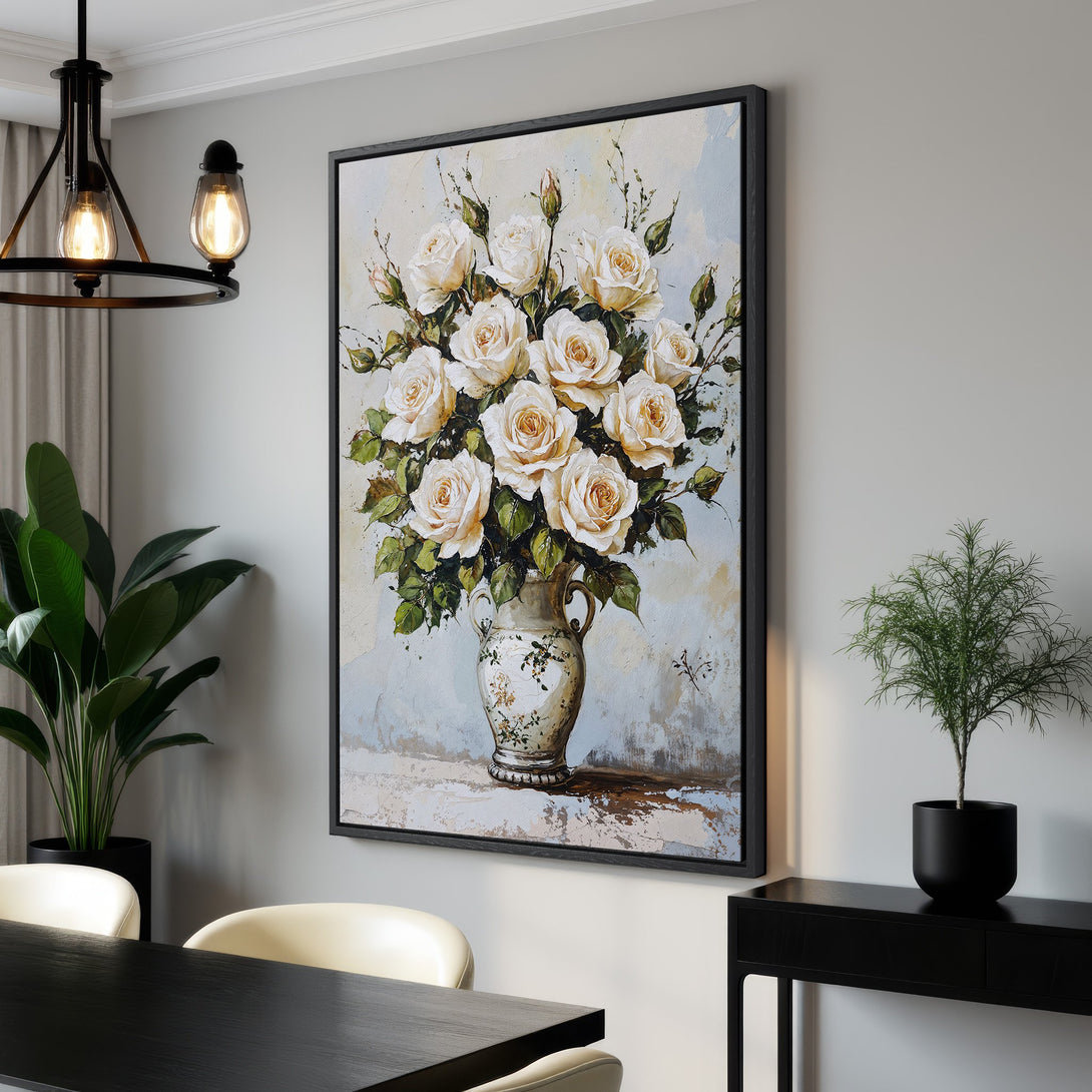 Framed Wall Art: Elegant white rose bouquet painting in soft, neutral tones. Perfect for adding a touch of floral beauty to any space!