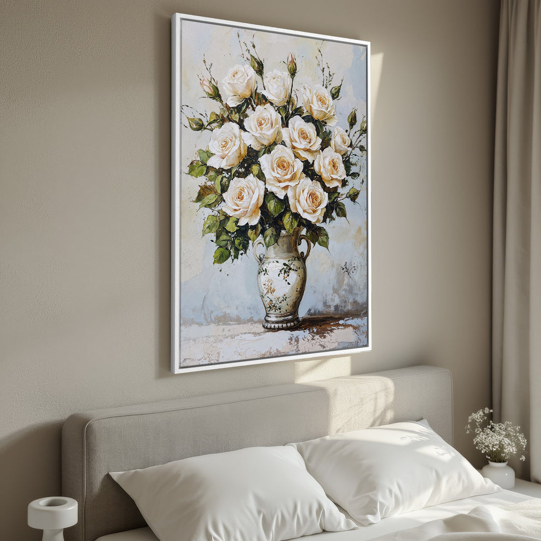 Framed Wall Art: Elegant floral painting of white roses in a vase. Soft, neutral color palette perfect for bedroom decor. Add a touch of timeless beauty!