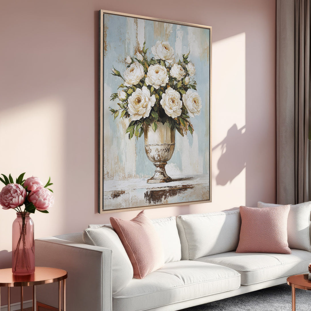 Framed Wall Art: Elegant floral canvas print in soft pastel colors. Perfect for adding a touch of sophistication to your living room decor.