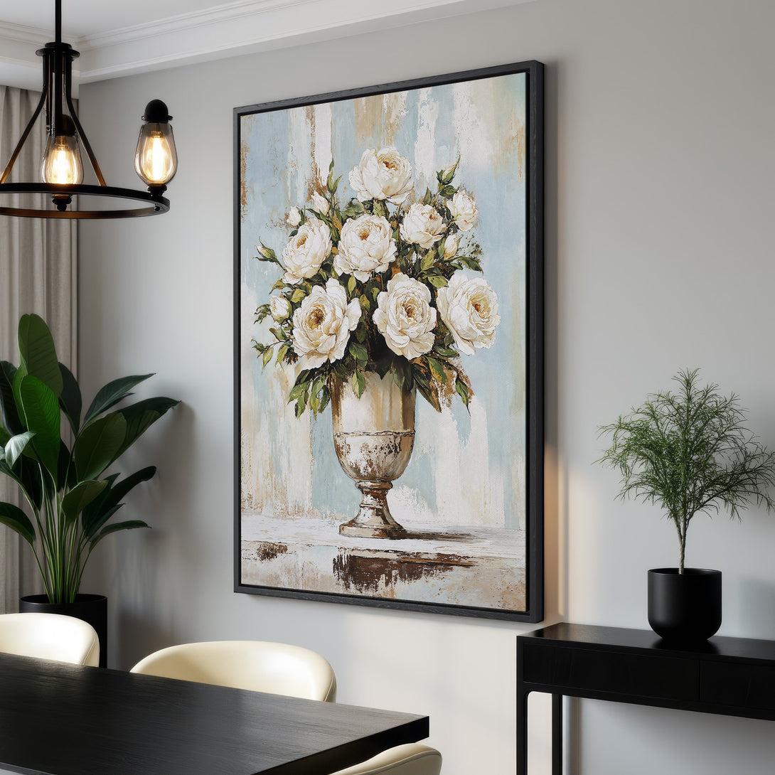 Framed Wall Art featuring a floral still life of white roses in a vase. Soft, neutral color palette with a touch of blue and beige. Perfect for any room!
