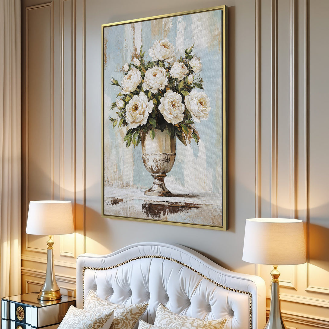 Canvas Print of white roses in a vase, displayed in a modern interior. Soft, neutral color palette with a touch of blue and gold.