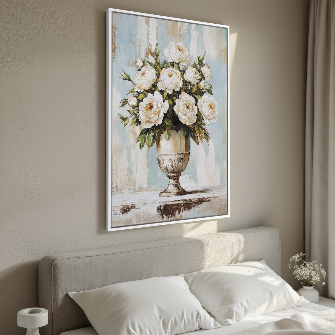 Framed Wall Art featuring a floral still life in a vintage style. Soft white, blue, and beige color palette. Perfect for bedroom decor.
