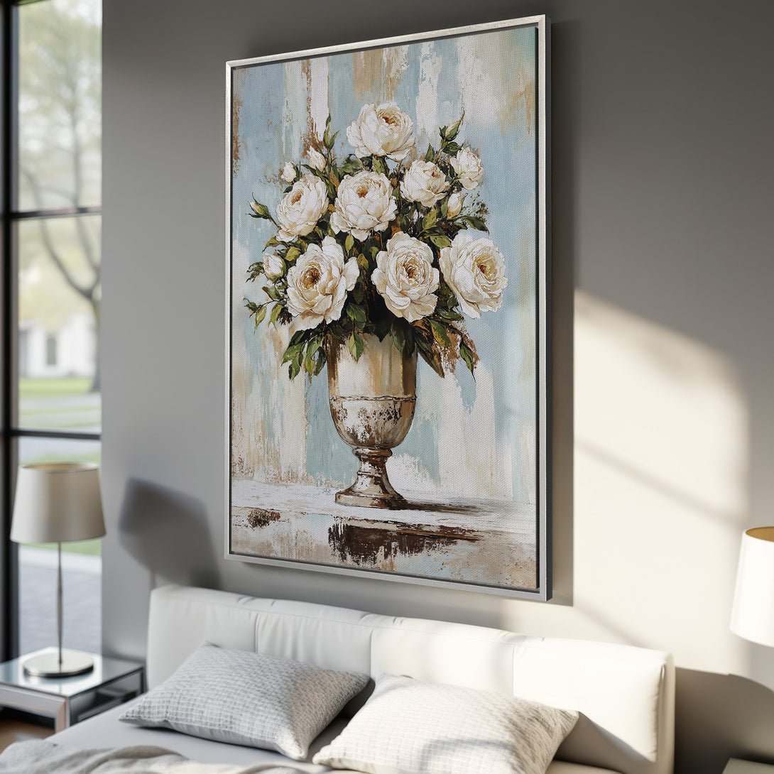 Framed Wall Art: Elegant floral painting of white roses in a vase. Soft, neutral color palette with blue and beige tones. Perfect for bedroom decor.