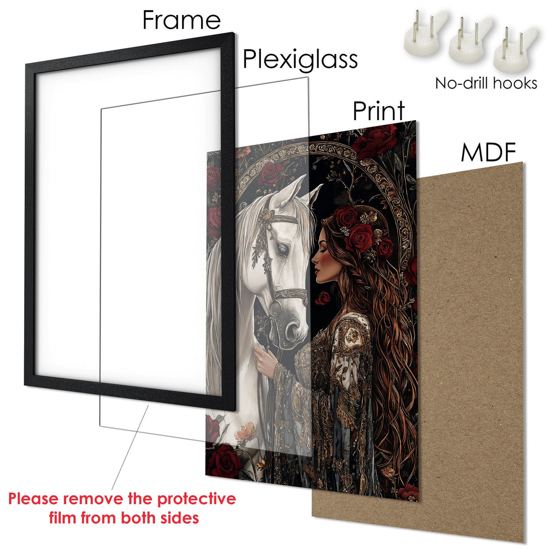Framed Poster featuring a woman and horse, gothic style with a black, red, and gold color palette. Perfect wall art!