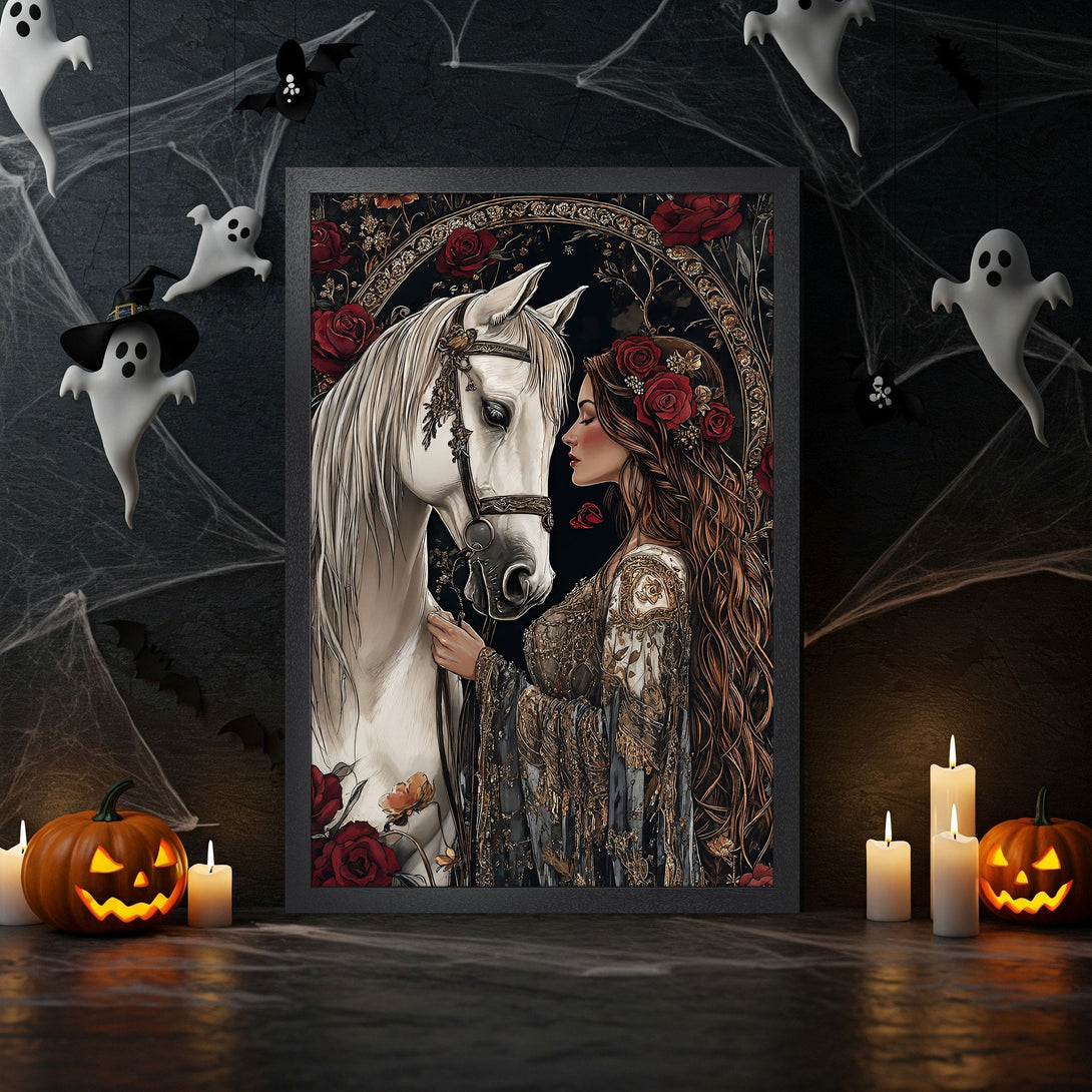 Framed Poster featuring a woman and white horse, with a dark, romantic style and a red, gold, and black color palette. Perfect Halloween decor.