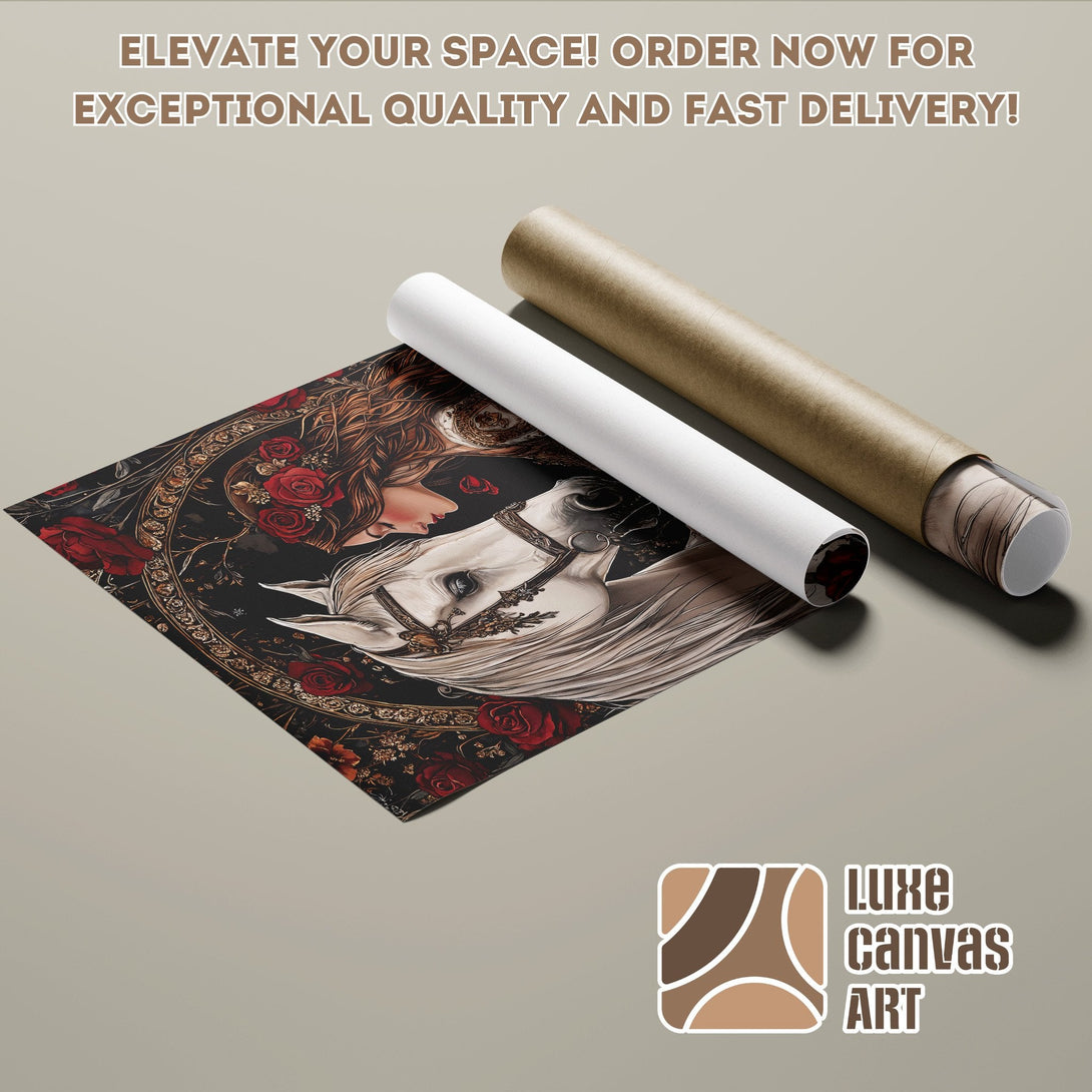 Poster Roll featuring a woman and white horse, gothic style, with red and gold accents.